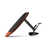 Orange and black stand-up paddleboard with a black stand on a white background
